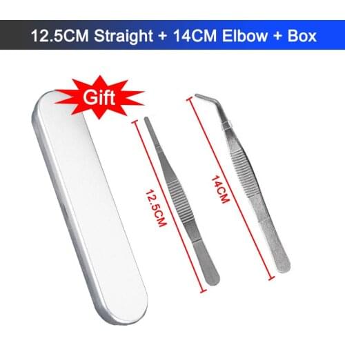 2Pcs Stainless Steel Tweezers Set With Iron Box Straight Head Elbow Non-slip High-precision Clip For Model Making Soldering