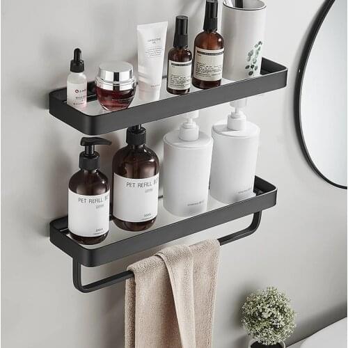 Bathroom Shelf Bath Shower Shelf With Bar Aluminum Black Glass Shelf Bathroom Corner shelf Wall Mounted Kitchen Storage holder