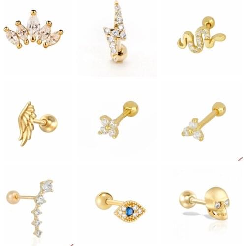 CANNER 1PCS Real 925 sterling silver Stud earrings Crystal Zircon Piercing Earrings for Women ear bone Fine Jewelry Pendientes