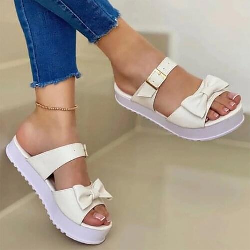 2021 Women Platform Slippers Female Summer Casual Flock Bow Buckle Slides Fashion New Ladies Comfort Flats Big Size Footwear