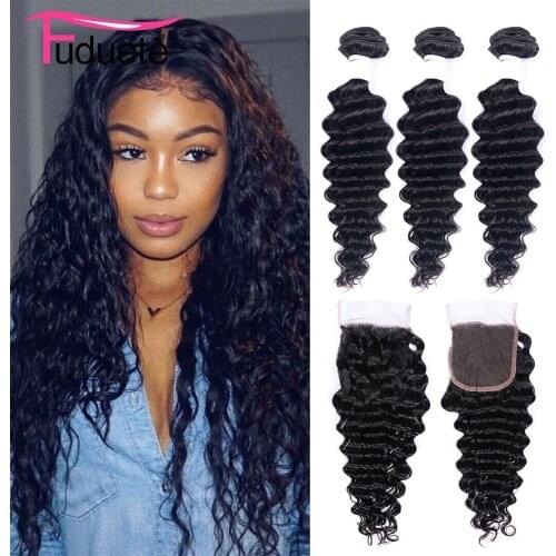 Deep Wave Bundles With Closure Brazilian Hair Weave 3 Bundles With Closure Remy Hair Extensions Huamn Hair Free Part Fuduete