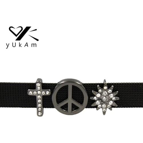 YUKAM Gun Black Crystal Rhinestone Cross Peace North Star Keys Slide Charms Keeper for Mesh Bracelets Accessories Jewelry Making