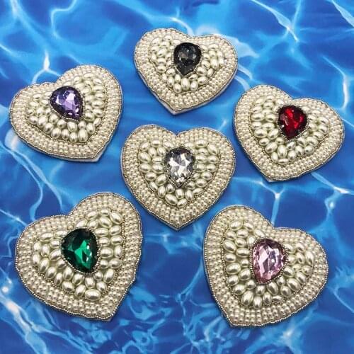 Handmade Pearl Love Heart Rhinestone Beaded Patches for Clothing Sewing on Beading Applique Clothes Shoes Bags DIY Accessories