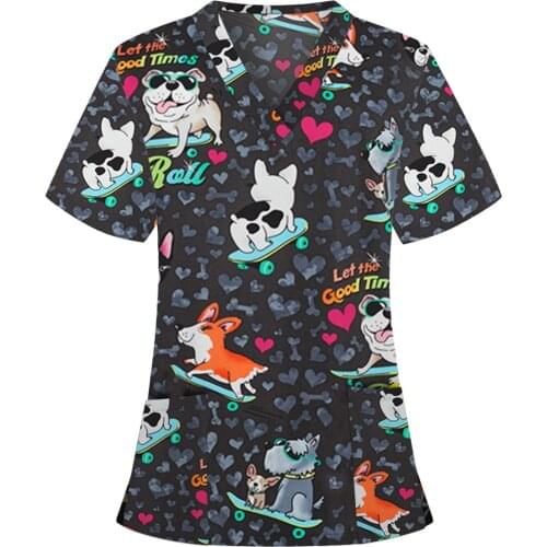 Women Animal Print Blouse Cartoon Cute Animal Print Nurse Working Uniform Casual Short Sleeve Scrub Tops V-neck Carer Femme Top