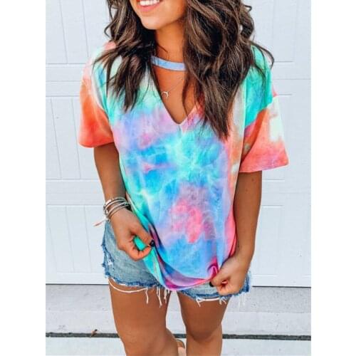 NEWDISCVRY T-shirt Tie Dye Tops Tee Women Summer Short Sleeve 2020 harajuku camiseta mujer tee shirt femme streetwear v-neck tee