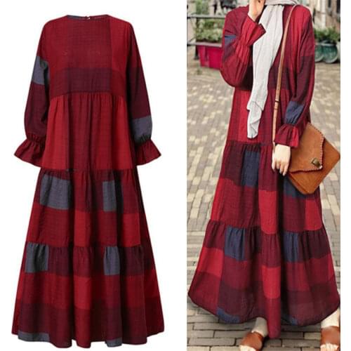 Fashion Plaid Kaftan Abayas Sundress Women Autumn Ruffle Hem Long Muslim Dress Dubai Abaya Turkey Hijab Dress Vestidos Robe