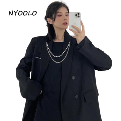 NYOOLO High Street Big Pockets Single Breasted Chain Oversized Black Blazer Jacket Women Cloth Spring Autumn Office Lady Coats