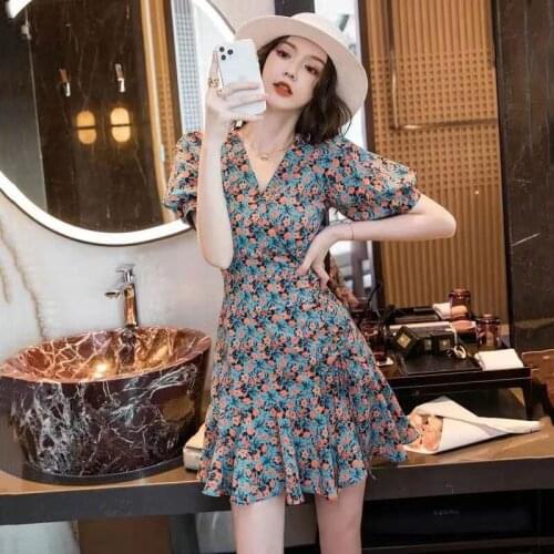 2021 Summer Flower Printing Dress Ins Fashion Designer Elegant V-neck Draped Ruffles Vestidos For Female Casual All-match Dress
