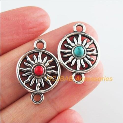 15 New Flower Charms Tibetan Silver Tone Red & Blue Stone Sun Connectors 16x23.5mm