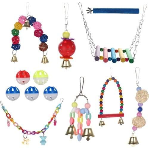 12Pcs Combination Parrot Toys Bird Articles Parrot Bite Toys Parrot Colorful Swing Ball Bell Standing Training Toys