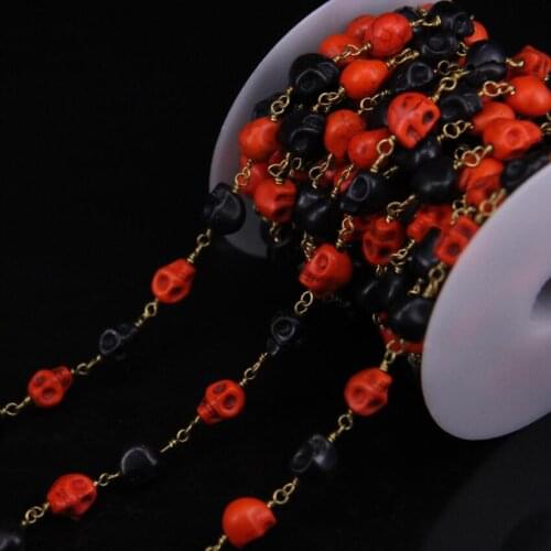 8x10mm Size,Orange Black Turquoises Skull Beads Rosary Chain,Mixed Turquoises Brass Wire Wrapped Chains Necklace Fashion Crafts