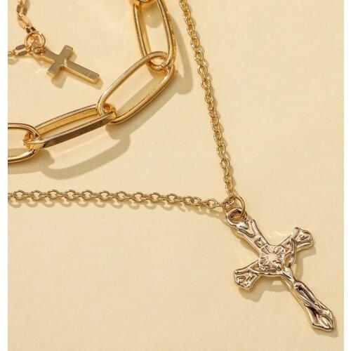 Cross Pendant Clavicle Chain Pendant Necklaces Link Chain Metal Fashion Trendy Women Three-layer Thick Chain Golden