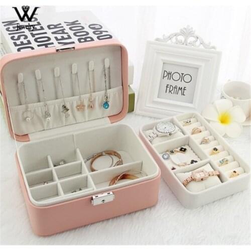 WE Double-layer Jewelry Box Large Capacity Leather Storage Jewelry Box Earring Ring Necklace with Mirror Watch Jewelry Organizer