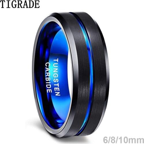 TIGRADE 6/8/10mm Blue&Black Mens Tungsten Carbide Ring Blue Line Design For Women Wedding Engagement Rings Fashion Size 6 -17
