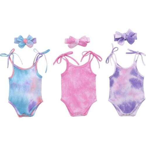 0-24M Cute Newborn Infant Baby Girls Romper Tie-Dye Infant Baby Girls Bodysuits Headband Printed Sleeveless Jumpsuits