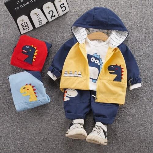 Boys Clothes Suit Autumn Casual Patchwork Hooded Long-Sleeve Children Jacket All-Match Infant Sweater Pants 3pcs Outing Clothe
