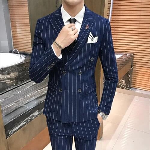Jackets + Vest + Pants ) Mens Fashion Stripes Formal Business Double-breasted Suit Three-piece Suits Groom Dress Suits Male