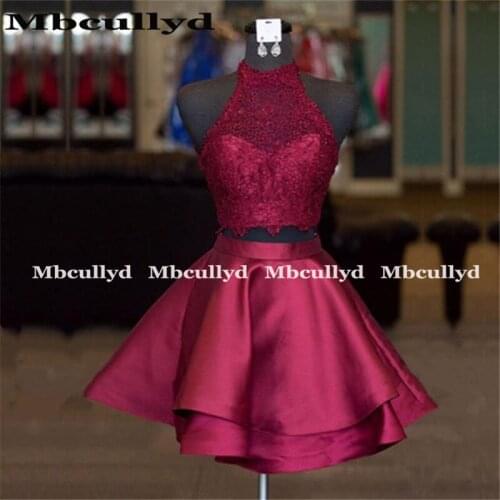 Mbcullyd Cheap Two Piece Prom Dresses 2020 Sexy Backless Burgundy Satin 2 Pieces Party Dress Formal Cocktail Gowns For Women
