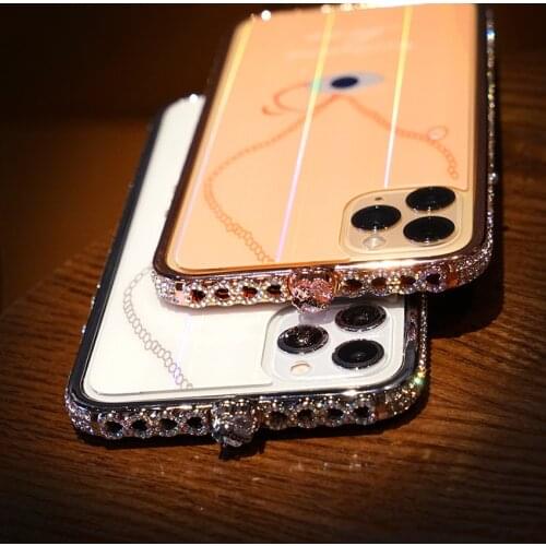 Love Diamond Rhinestone Metal Bumper Case For iPhone 11 Pro Max X XR XS SE2 7 8 Plus Cover Aurora Tempered Glass Back Protector