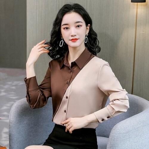 Fashion Patchwork Satin Silk Shirt Vintage Blouse Women OL Temperament Office Tops Lady Long Sleeves Female Loose Street Shirts