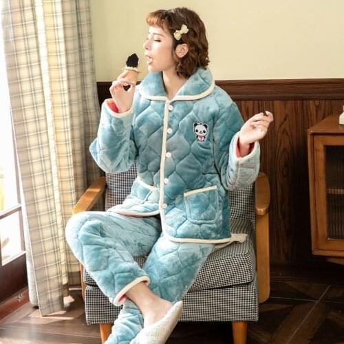 Fashion 2020 Autumn Winter Women Pajamas Set Sweet Cute Cartoon Thick Flannel Homewear Soft Warm Comfort Velvet Pyjama Female