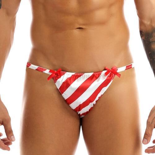 MSemis Mens Shiny Satin Striped Sexy Xmas Christmas Sissy Panties Jockstraps Pouch Sexy Bikini Breifs Thongs Lingerie Underwear