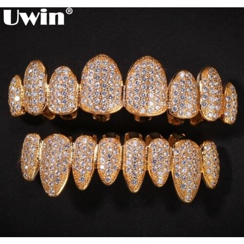 UWIN Cubic Zirconia Grills Set Silver Color Teeth Grills Hiphop Halloween Iced Out Top&Bottom Dental Grills Body Jewelry