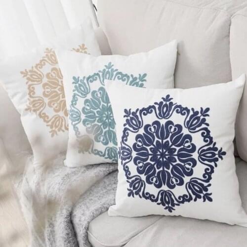 Home Decor Embroidered Cushion Cover Navy Blue Coffee Ethnic Floral Canvas Cotton Square Embroidery Pillow Cover 45x45cm