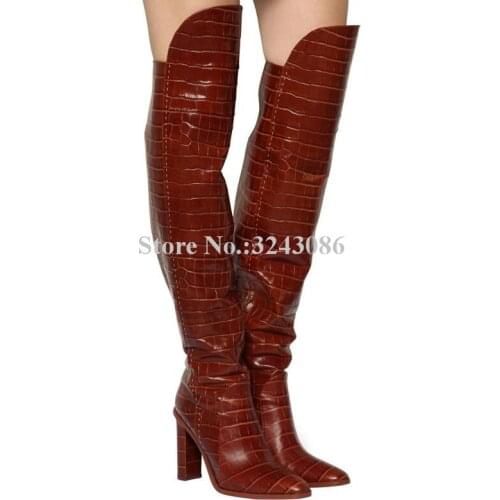 New Crocodile Leather Chunky Heel Over the Knee Boots Woman Round Toe Brown Thick Heel Long Boots Lady Large Size Winter Shoes
