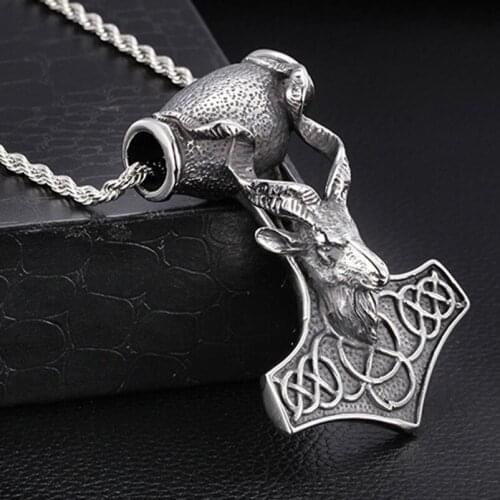 109g Heavy Huge Silver Color Stainless Steel Sheep Head Thor Hammer Pendant Necklace Jewelry For Strong Mens