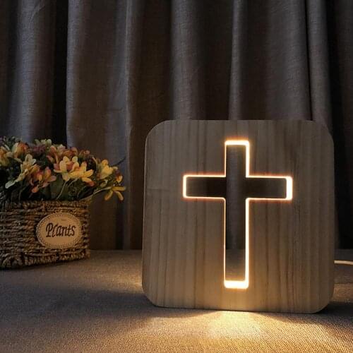 Cross Wooden Lamp Night Light 3D Illusion Lamp LED Table Light USB Power for Kids Adult Bedroom Living Room Nightstand light