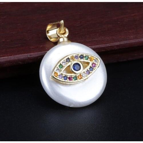 Rainbow cz paved tiny gold evil eye protection luck charm white round coin pearl bead dainty pendant choker necklace for women