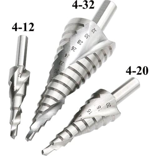 4-12mm 4-20mm 4-32mm HSS 4241 Steel Step Cone Drill Triangle Shank Silver Spiral Groove Step Drill Reamer Cutter Metric