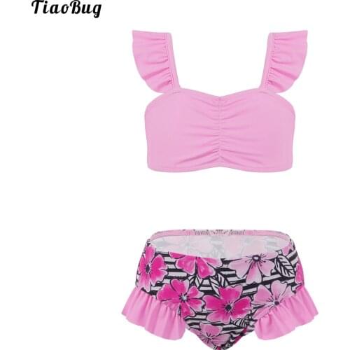 TiaoBug Summer 2Pcs Kid Girls Swimsuit Straps Ruched Front Ruffle Trim Crop Tops And Briefs Set Beach Pool Swimming Bathing Suit