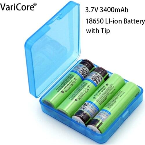 VariCore New Original 18650 3.7V 3400 mAh Lithium Rechargeable Battery NCR18650B with Pointed (No PCB) batteries +Storge Box