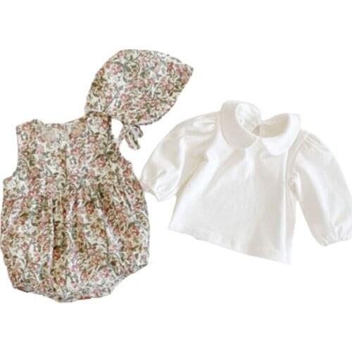 0-3 Years Old Baby Girl 2020 Spring Baby Girl Bodysuit Flower Sleeveless Cotton Bodysuit + Hat + Base Clothes Three-piece Suit