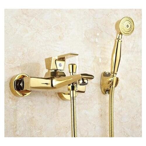 Vidric Brass Gold Plated Bathtub Faucet With Hand Shower, Wall Mounted Bathroom Bath Shower Faucets Mixer Tap Torneiras