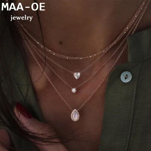 Vintage Fashion Multilevel Gold Necklaces For Women Crystal Heart Shape Water Drop Flower Pendant Necklace Boho Jewelry Gift