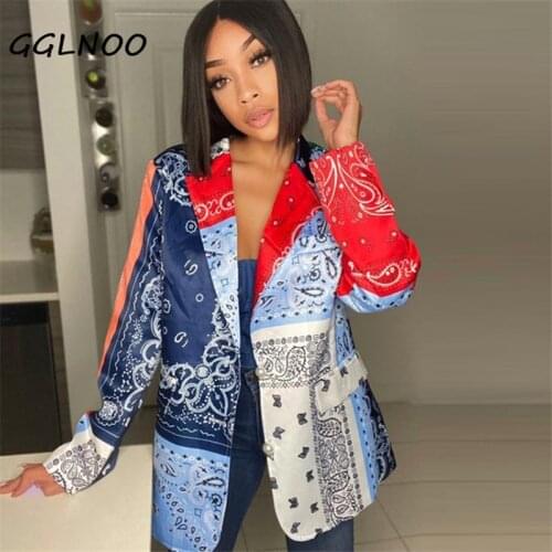 GGLNOO Paisley Bandanna Print Blazer Top Womens Notched Long Sleeve Slim Fit Jacket Streetwear Buttons Up
