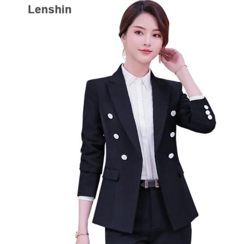 Lenshin Royal Blue Professional Business Jacket for Women Work Wear Office Lady Elegant Female Double Breasted Blazer Coat Top