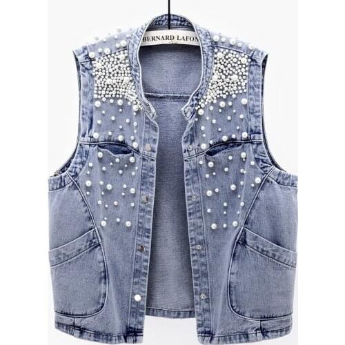 Spring Autumn Fashion Beading Denim Vest Female 2021 New Korean Women Sleeveless Jacket Korean Loose Big Pocket Waistcoat