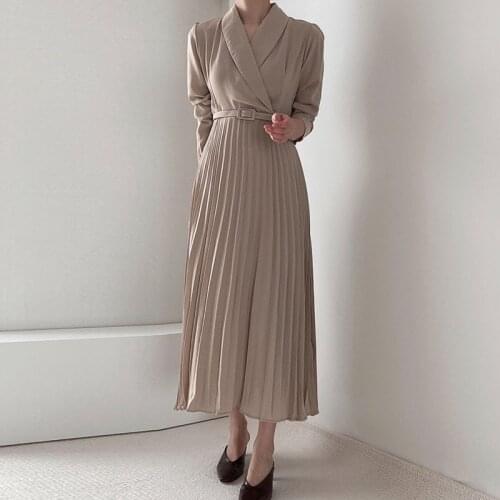 One-Piece WomenS Dress 2021 Fall Korean Elegant Fashion Office Ladies Dress Pleated With Belt Solid Casual Midi Dress vestidos