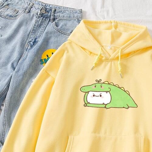 2020 Cotton Kawaii Women Oversized Sweatshirt Cute Kpop Hoodies Jumper Warm Harajuku Dinosaur Cartoon Hooded Streetwear Ladies