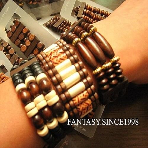 Wholesale 24PCs mixed styles vintage mens wooden bead cuff fashion jewelry bracelets brand new