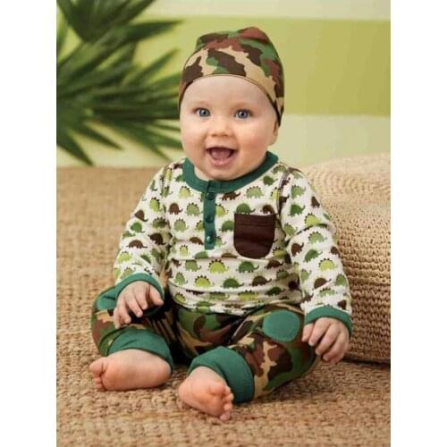 2021 3Pcs Baby Tracksuits, Dinosaur Print Henley-Neck Long Sleeves Tops + Camouflage Pants + Hat Suit for Toddlers, Girls, Boys
