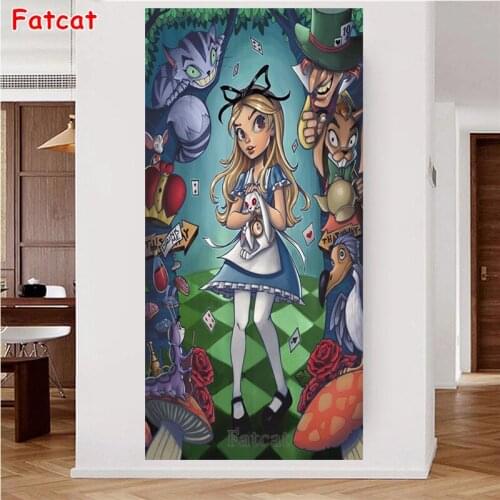 5D DIY Diamond Painting Full Square Round Drill Cartoon In Wonderland Embroidery Cartoon Girl Alice Cat Home Decor PP2442