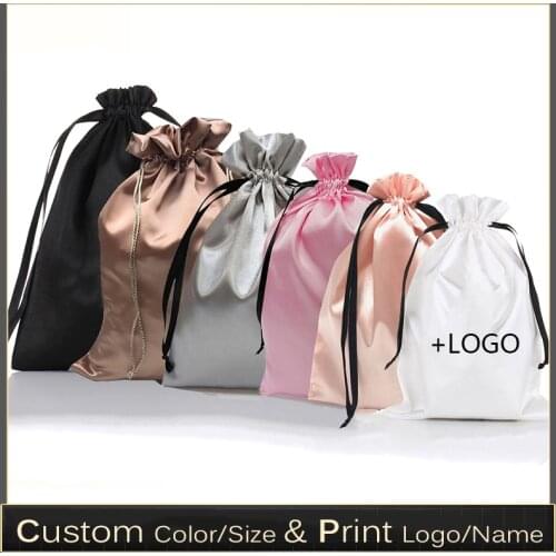 Custom Satin Extensions Hair Bags Ribbon Drawstring Luxry Goods Silk Packaging Pouches Makeup Case Shoes Cloth Wigs Storage Bag