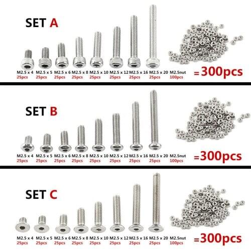 300pcs M2.5(2.5mm) Stainless Steel Screws Bolt With Hex Nuts Assortment Tools