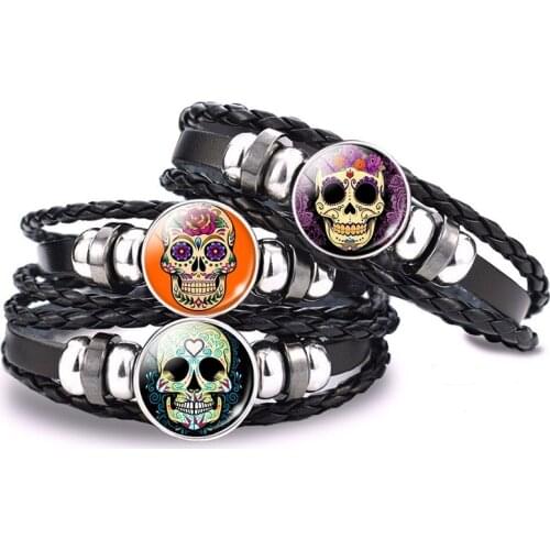 Day of The Dead Sugar Skull Black Leather Bracelet Bangles Mexico Folk Art for Men Women Punk Style Handmade Jewelry Accessories