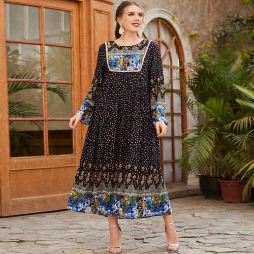 Eid Mubarak Muslim Women Abaya Dress Dubai Print Dresses Turkey Islamic Clothing Caftan Marocain Kaftan Vestido Musulmane Femme